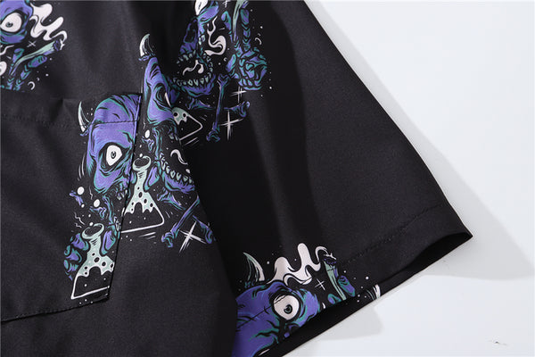 Summer Fashion Harajuku Full Devil Print Hawaiian Shirts Streetwear Hip Hop Casual Beach Short Sleeve Men Black Tops | Vimost Shop.