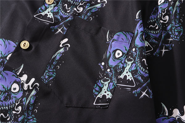 Summer Fashion Harajuku Full Devil Print Hawaiian Shirts Streetwear Hip Hop Casual Beach Short Sleeve Men Black Tops | Vimost Shop.