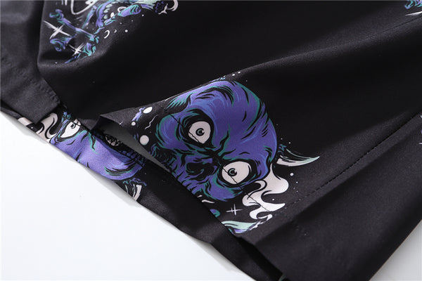 Summer Fashion Harajuku Full Devil Print Hawaiian Shirts Streetwear Hip Hop Casual Beach Short Sleeve Men Black Tops | Vimost Shop.
