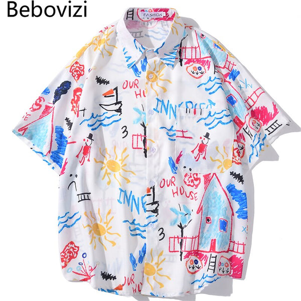Men's Fashion Graffiti Shirt  Trend Hawaiian Casual Beach Shirts Summer Hip Hop Street Black Short Sleeve Tops Tees | Vimost Shop.