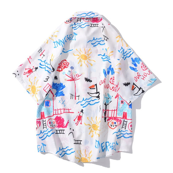 Men's Fashion Graffiti Shirt  Trend Hawaiian Casual Beach Shirts Summer Hip Hop Street Black Short Sleeve Tops Tees | Vimost Shop.