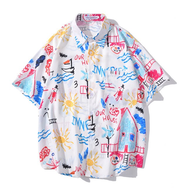 Men's Fashion Graffiti Shirt Trend Hawaiian Casual Beach Shirts Summer Hip Hop Street Black Short Sleeve Tops Tees | Vimost Shop.