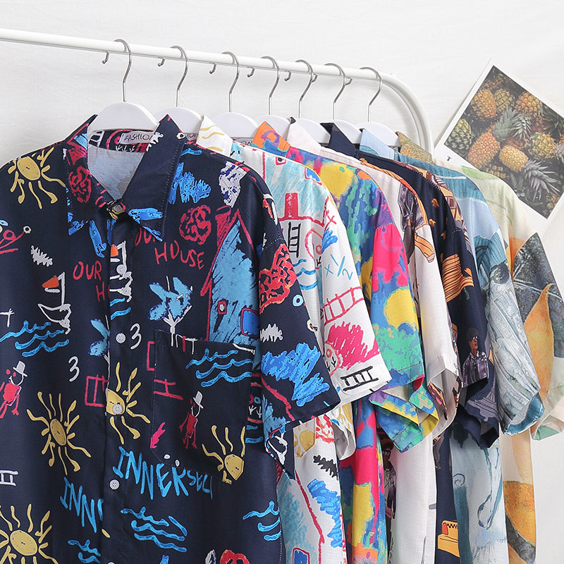 Men's Fashion Graffiti Shirt Trend Hawaiian Casual Beach Shirts Summer Hip Hop Street Black Short Sleeve Tops Tees | Vimost Shop.