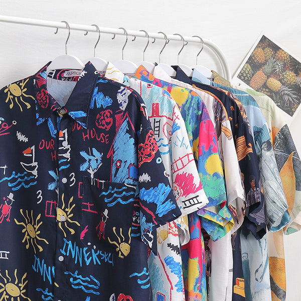 Men's Fashion Graffiti Shirt  Trend Hawaiian Casual Beach Shirts Summer Hip Hop Street Black Short Sleeve Tops Tees | Vimost Shop.