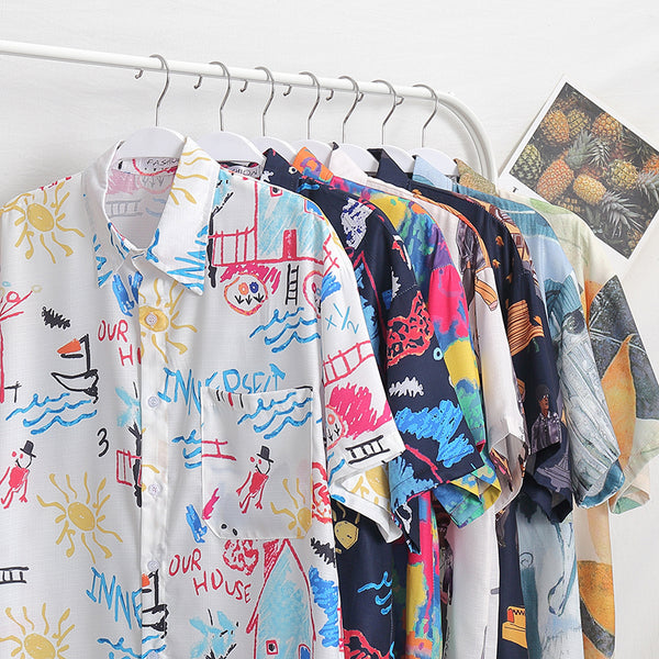 Men's Fashion Graffiti Shirt  Trend Hawaiian Casual Beach Shirts Summer Hip Hop Street Black Short Sleeve Tops Tees | Vimost Shop.