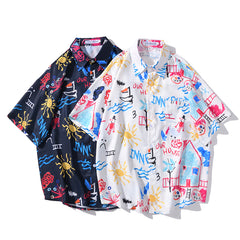 Men's Fashion Graffiti Shirt  Trend Hawaiian Casual Beach Shirts Summer Hip Hop Street Black Short Sleeve Tops Tees