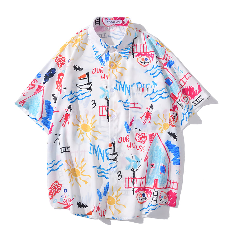 Men's Fashion Graffiti Shirt Trend Hawaiian Casual Beach Shirts Summer Hip Hop Street Black Short Sleeve Tops Tees | Vimost Shop.