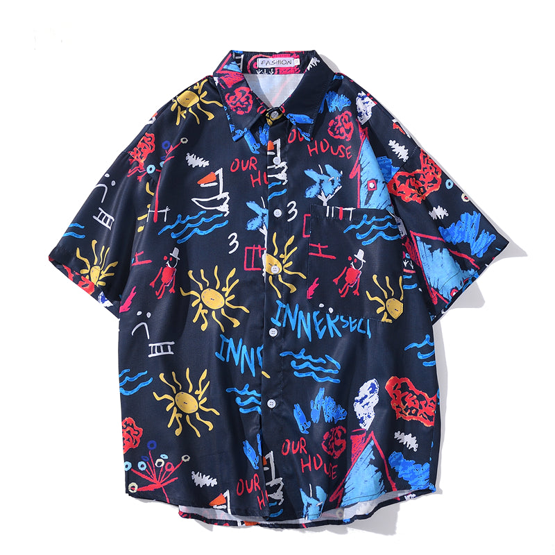 Men's Fashion Graffiti Shirt Trend Hawaiian Casual Beach Shirts Summer Hip Hop Street Black Short Sleeve Tops Tees | Vimost Shop.