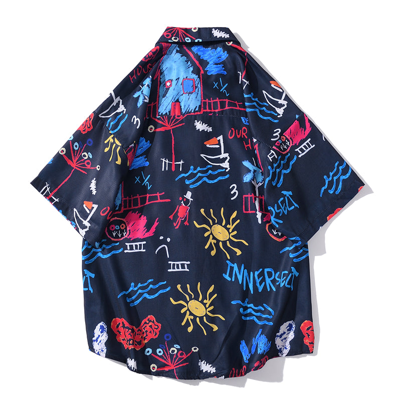 Men's Fashion Graffiti Shirt Trend Hawaiian Casual Beach Shirts Summer Hip Hop Street Black Short Sleeve Tops Tees | Vimost Shop.