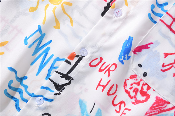 Men's Fashion Graffiti Shirt  Trend Hawaiian Casual Beach Shirts Summer Hip Hop Street Black Short Sleeve Tops Tees | Vimost Shop.