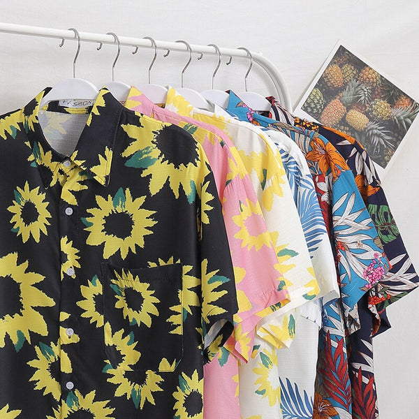 Flowers Shirt Hawaiian Casual Beach Shirts Summer Hip Hop Street Black White Pink Short Sleeve Tops Tees | Vimost Shop.