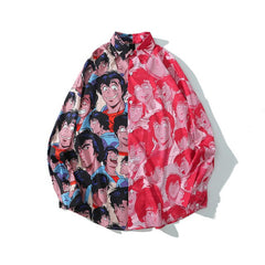 Japanese Style Funny Anime Print Long Sleeve Shirt 2020 Men Casual Hip Hop Streetwear Patchwork Oversized Shirt Korean