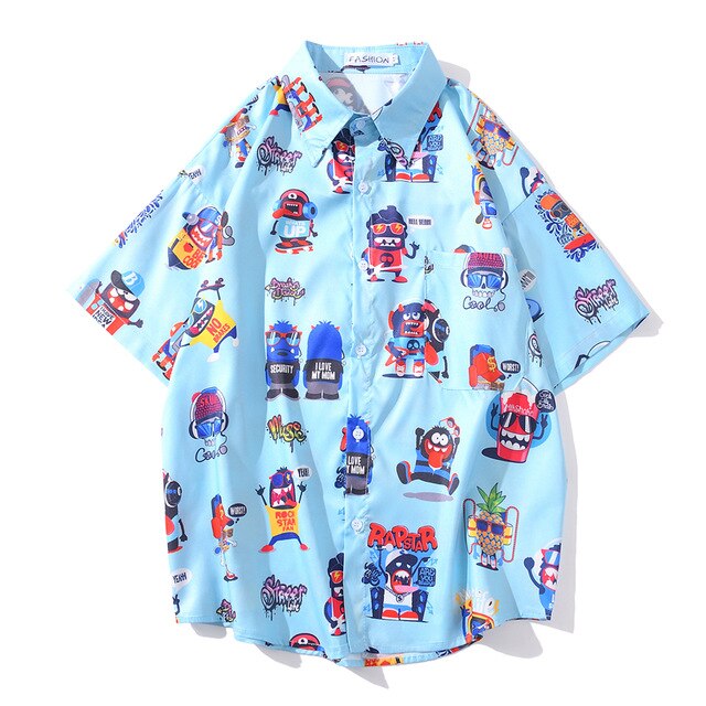 New Men's Cool Shirt Hawaiian Camicias Casual White Beach Shirts Hip Hop Street Cartoon Print Short Sleeve Tops | Vimost Shop.