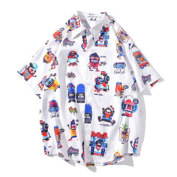 New Men's Cool Shirt Hawaiian Camicias Casual White Beach Shirts Hip Hop Street Cartoon Print Short Sleeve Tops | Vimost Shop.