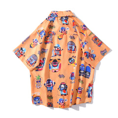 New Men's Cool Shirt Hawaiian Camicias Casual White Beach Shirts Hip Hop Street Cartoon Print Short Sleeve Tops