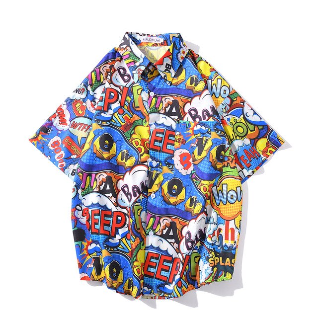Summer Street Graffiti Blue Shirt Male Fashion Beach Holiday Shirt Hip Hop Casual Mens Short Sleeve Hawaiian Shirts | Vimost Shop.