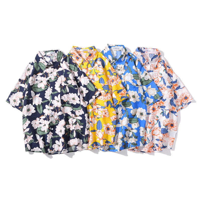 Summer Hip Hop Tops Korean Full Flowers Print Yellow Shirt Fashion Holiday Casual Mens Short Sleeve Hawaiian Shirts | Vimost Shop.