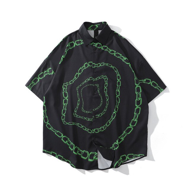 New Designer Iron Chain Print Short Sleeve Cool Shirt Summer Men Casual Hip Hop Streetwear Oversized Black Shirt | Vimost Shop.