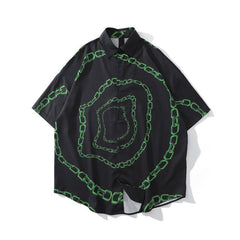 New Designer Iron Chain Print Short Sleeve Cool Shirt Summer Men Casual Hip Hop Streetwear Oversized Black Shirt