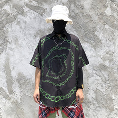 New Designer Iron Chain Print Short Sleeve Cool Shirt Summer Men Casual Hip Hop Streetwear Oversized Black Shirt