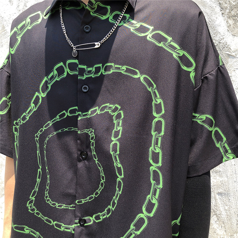New Designer Iron Chain Print Short Sleeve Cool Shirt Summer Men Casual Hip Hop Streetwear Oversized Black Shirt | Vimost Shop.