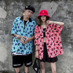 Strawberry Print Harajuku Shirt Mens Hip Hop Streetwear Hawaiian Shirt Fashion Oversized Short Sleeve Korean Red Tops