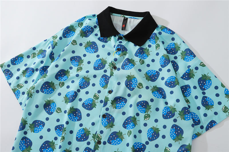 Strawberry Print Harajuku Shirt Mens Hip Hop Streetwear Hawaiian Shirt Fashion Oversized Short Sleeve Korean Red Tops | Vimost Shop.