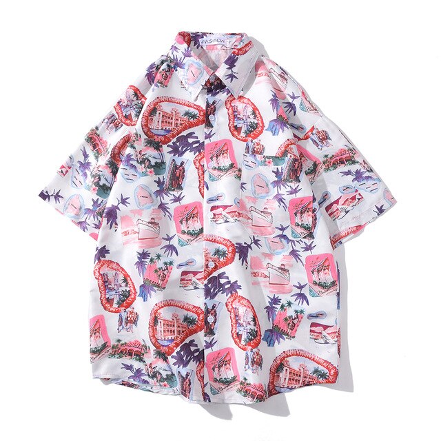 Summer Korean Flower Shirt Fashion Beach Holiday Pink Shirt Casual Mens Short Sleeve Hawaiian Shirts | Vimost Shop.