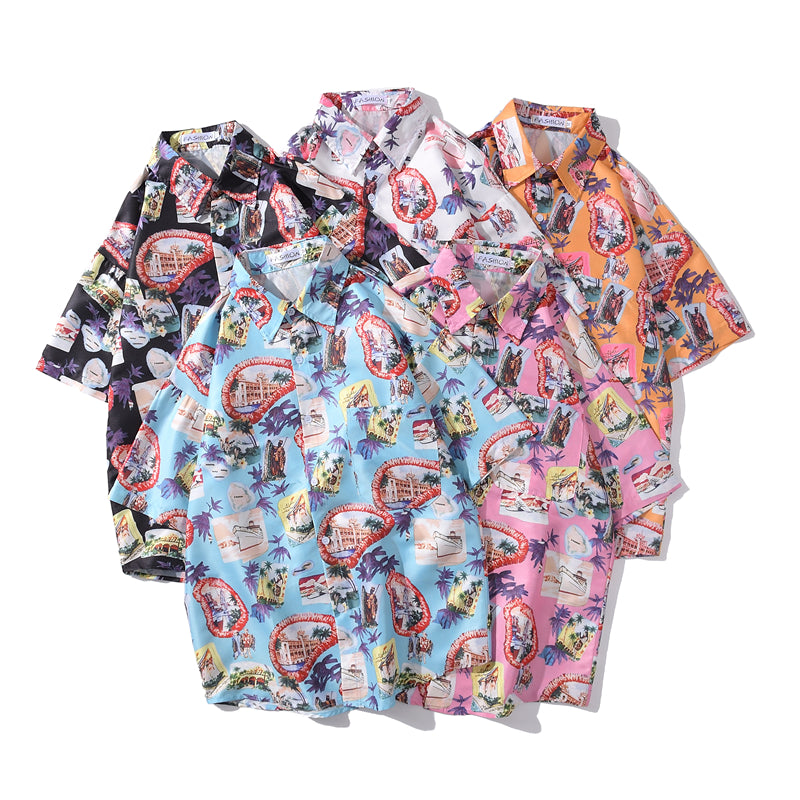Summer Korean Flower Shirt Fashion Beach Holiday Pink Shirt Casual Mens Short Sleeve Hawaiian Shirts | Vimost Shop.