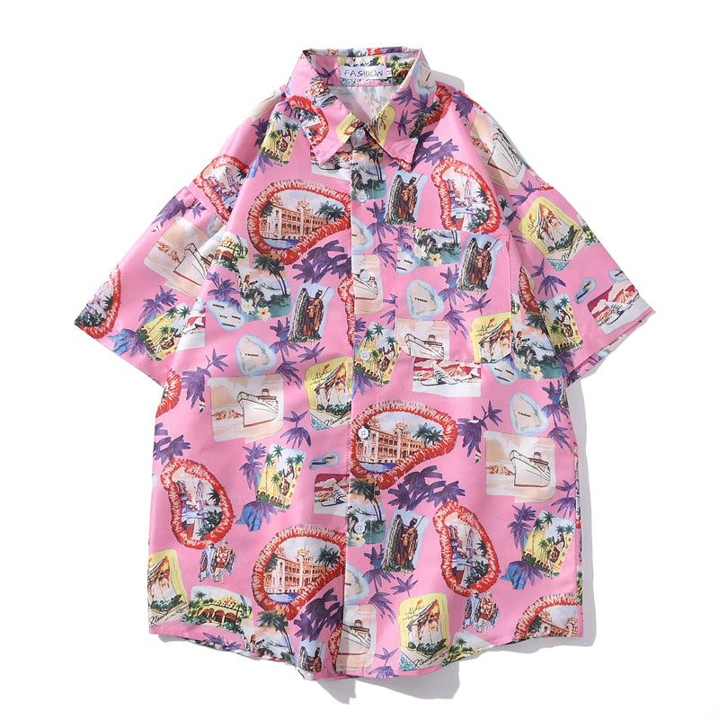 Summer Korean Flower Shirt Fashion Beach Holiday Pink Shirt Casual Mens Short Sleeve Hawaiian Shirts | Vimost Shop.