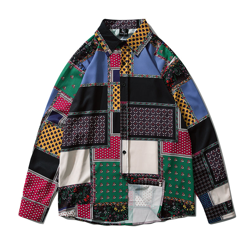 Geometry Print Shirts Color Block Patchwork Top Streetwear Mens Casual Hip Hop Long Sleeve Hawaiian Shirt | Vimost Shop.
