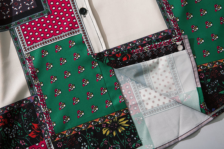 Geometry Print Shirts Color Block Patchwork Top Streetwear Mens Casual Hip Hop Long Sleeve Hawaiian Shirt | Vimost Shop.