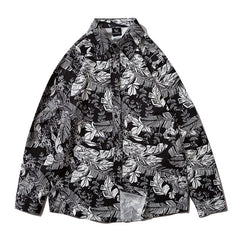 Leaves Print Floral Shirt Mens Casual Hip Hop Tops Black Long Sleeve Hawaiian Shirt Camisas Hombre