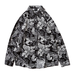 Leaves Print Floral Shirt Mens Casual Hip Hop Tops Black Long Sleeve Hawaiian Shirt Camisas Hombre
