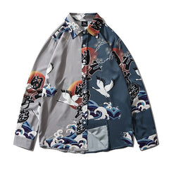 Japanese Style Print Color Block Patchwork Streetwear Shirts Mens Casual Chinese Words Long Sleeve Shirt Camisas Tops