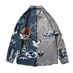Japanese Style Print Color Block Patchwork Streetwear Shirts Mens Casual Chinese Words Long Sleeve Shirt Camisas Tops