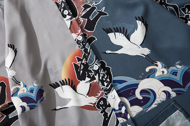 Japanese Style Print Color Block Patchwork Streetwear Shirts Mens Casual Chinese Words Long Sleeve Shirt Camisas Tops | Vimost Shop.
