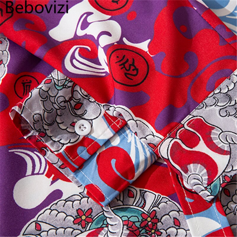 Japanese Style Demon Print Patchwork Streetwear Shirts Mens Casual Long Sleeve Shirt Camisas Hip Hop Shirts Top Clothes | Vimost Shop.