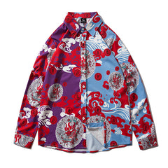 Japanese Style Demon Print Patchwork Streetwear Shirts Mens Casual Long Sleeve Shirt Camisas Hip Hop Shirts Top Clothes