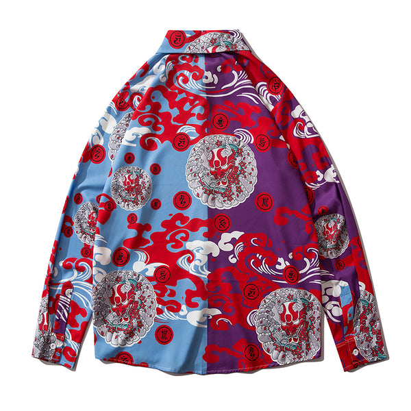 Japanese Style Demon Print Patchwork Streetwear Shirts Mens Casual Long Sleeve Shirt Camisas Hip Hop Shirts Top Clothes | Vimost Shop.