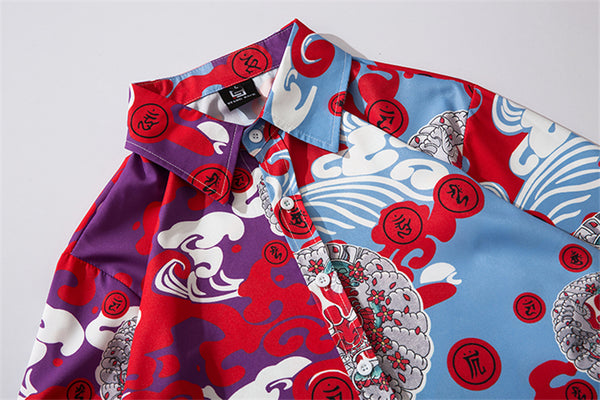 Japanese Style Demon Print Patchwork Streetwear Shirts Mens Casual Long Sleeve Shirt Camisas Hip Hop Shirts Top Clothes | Vimost Shop.