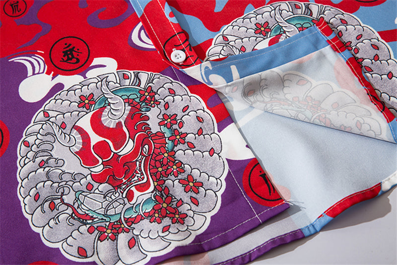 Japanese Style Demon Print Patchwork Streetwear Shirts Mens Casual Long Sleeve Shirt Camisas Hip Hop Shirts Top Clothes | Vimost Shop.