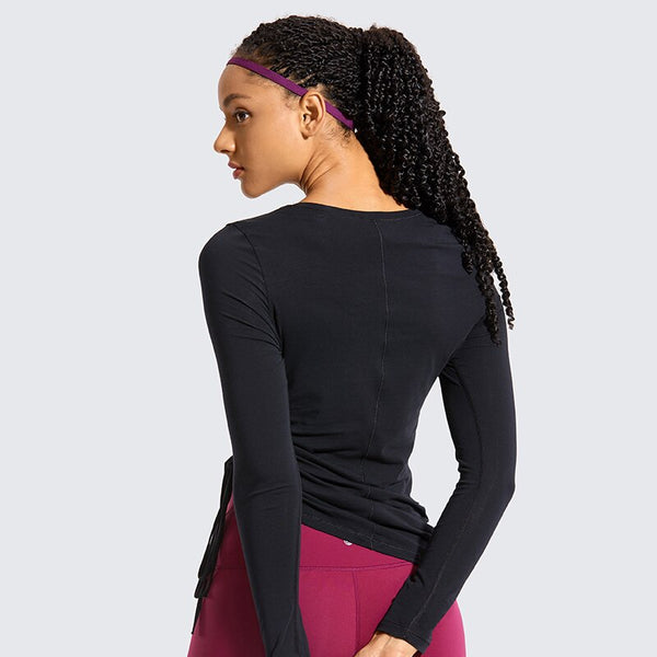 Women's Pima Cotton Workout Shirts Long-Sleeve T-Shirt Crewneck Athletic Top Gym