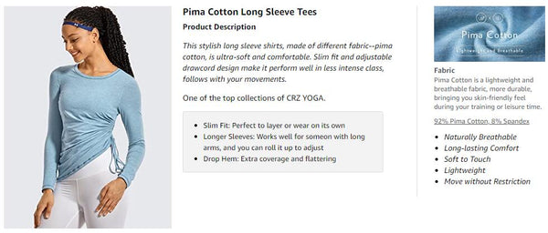 Women's Pima Cotton Workout Shirts Long-Sleeve T-Shirt Crewneck Athletic Top Gym