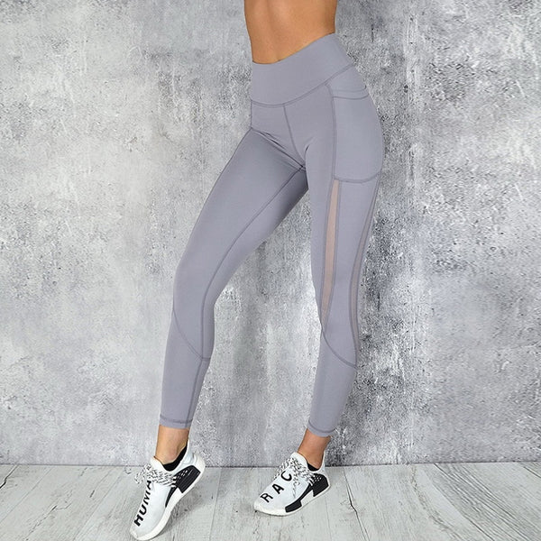 Full Length Workout Leggings With Pocket Women High Waist Mesh Patchwork Yoga Pants Fitness Gym Exercise Sport Pants | Vimost Shop.