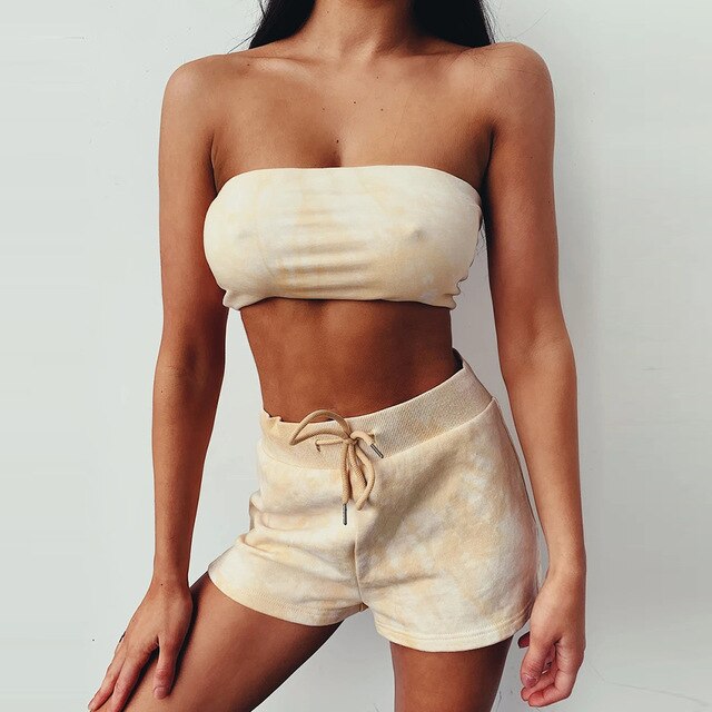 Sexy Tie Dye Fitness Tracksuit Set For Women Casual Gym Sportswear Push Up Running Work Out Outfits Tube Crop Top Shorts Suit | Vimost Shop.