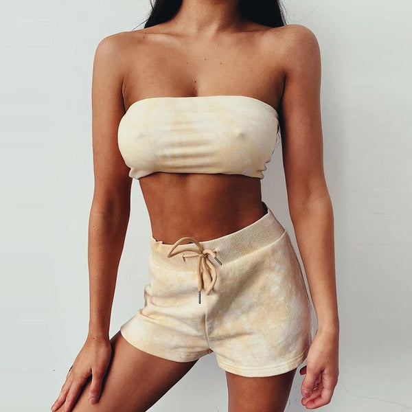 Sexy Tie Dye Fitness Tracksuit Set For Women Casual Gym Sportswear Push Up Running Work Out Outfits Tube Crop Top Shorts Suit | Vimost Shop.