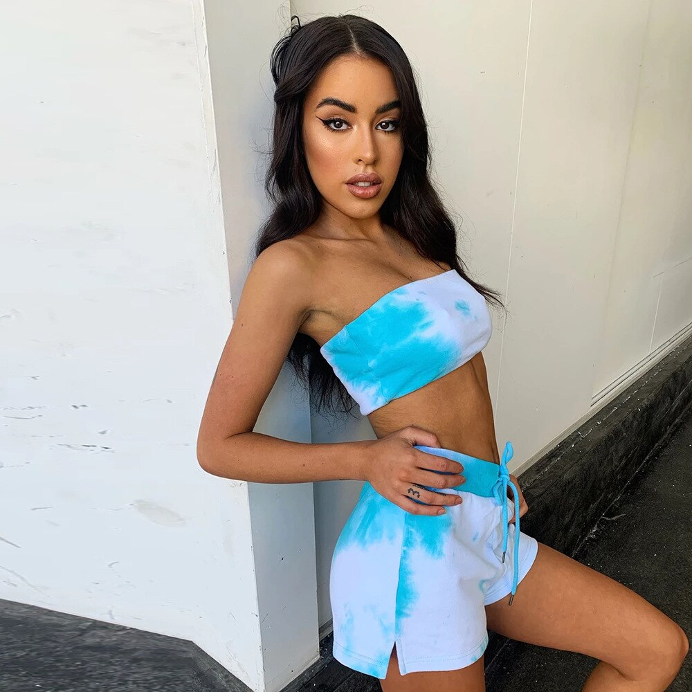 Sexy Tie Dye Fitness Tracksuit Set For Women Casual Gym Sportswear Push Up Running Work Out Outfits Tube Crop Top Shorts Suit | Vimost Shop.