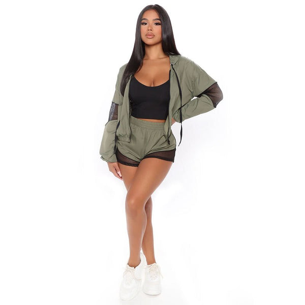 Autumn Sheer Mesh Patchwork Hooded Three Piece Set Women Sports Clothing Long Sleeve Zipper Jacket And Shorts Suit Running Set | Vimost Shop.