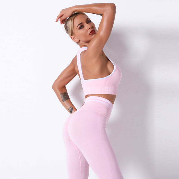 Seamless Striped Leggings Pants And Bra Top Yoga Tracksuit Fashion Work Out Fitness Running Sports Two Piece Set For Women | Vimost Shop.